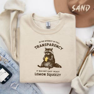 May include: A beige sweatshirt with a raccoon graphic and the text "In the interest of full transparency, it was not easy peasy lemon squeezy."