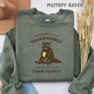 May include: A green sweatshirt with a raccoon holding a lemon and the text "In the interest of full transparency it was not easy peasy lemon squeezy".