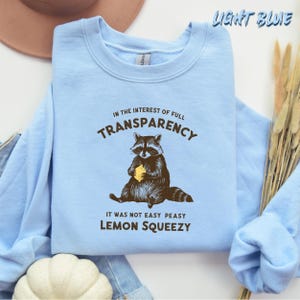 May include: Light blue sweatshirt with a raccoon holding a lemon and the text "In the interest of full transparency it was not easy peasy lemon squeezy".