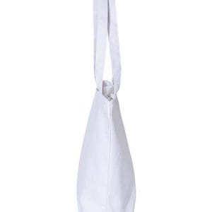 May include: A white tote bag with two long handles. The bag is made of a solid white material and has a simple, minimalist design. The handles are attached at the top of the bag and are designed to be carried over the shoulder.