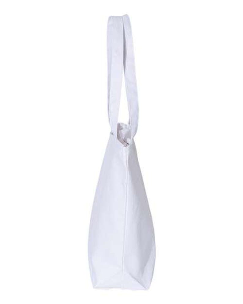 May include: A white tote bag with two long handles. The bag is made of a solid white material and has a simple, minimalist design. The handles are attached at the top of the bag and are designed to be carried over the shoulder.