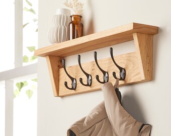 Walnut Coat Rack with Shelf made from Oak- Wooden Vintage Entryway Shelf with Cast Iron Finish Hooks