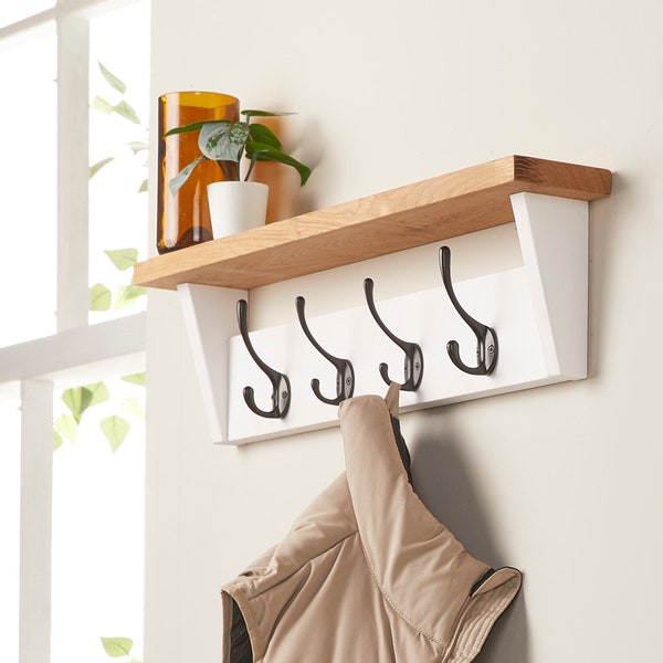 White Coat Rack with Storage Shelf - Wall Mounted Shelf with Hooks