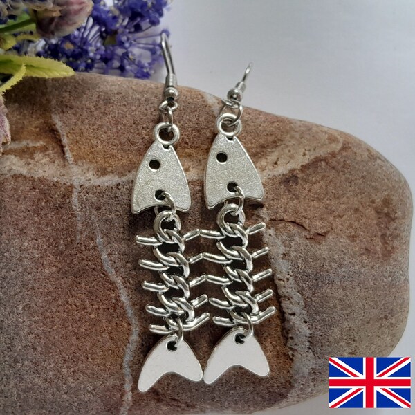 Fishbone Silver Earrings Fish Skeleton Charm Steampunk Earrings Fish Bone Goth or Punk Style Long Drop Dangle Earring Gift for Women Silver