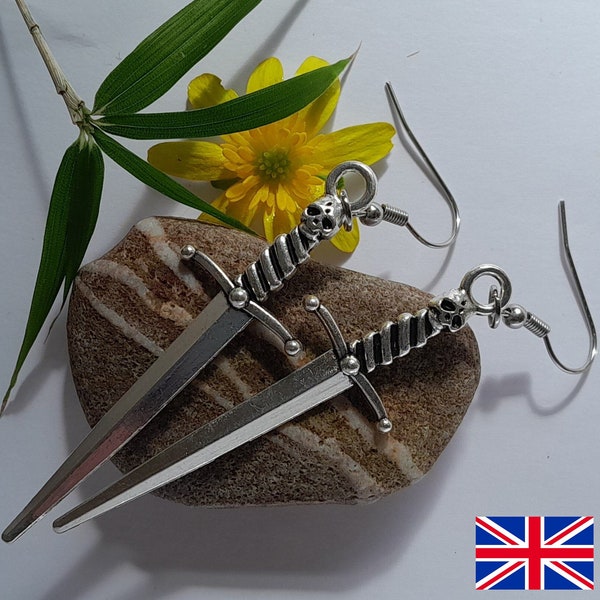 Silver Sword Earrings Dagger Earrings Unique Gothic Alternative Jewellery for Women and Men Silver Sword Charm Earring Gift with Skull