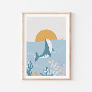 Blauwal Poster, Ozean, Kinderzimmer Poster, Illustration, Wal Illustration, Pastell Wal, Wal zum ausdrucken, DIGITAL DOWNLOAD