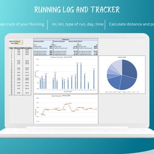 May include: A laptop computer screen displaying a running log and tracker spreadsheet with charts and graphs. The spreadsheet includes columns for date, distance, time, and pace. The charts show distance traveled and pace over time. The text on the screen reads "RUNNING LOG AND TRACKER" and "Keep track of your Running | mi, km, type of run, day, time | Calculate distance and pace".