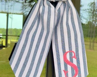 Everyday Embroidered Wreath Sash: Denim Blue Striped Cotton, Front Door Decor