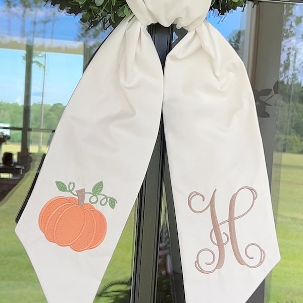 Fall Embroidered Pumpkin Wreath Sash: Fall Cotton Door Decor