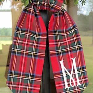 Christmas Red Plaid Plaid Wreath Sash with WHITE Initial Embroidered Front Door Wreath Decor