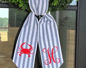 Nautical Striped Wreath Sash Crab Embroidered Everyday Wreath Sash for Front Door Summer Wreath Decor Gift