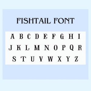 May include: A digital display of the Fishtail Font featuring the uppercase English alphabet from A to Z in black lettering on a white background. Each letter is characterised by decorative, curved flourishes at the ends of the strokes.