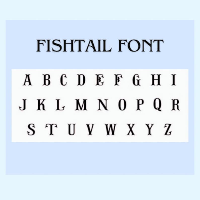 May include: A digital display of the Fishtail Font featuring the uppercase English alphabet from A to Z in black lettering on a white background. Each letter is characterised by decorative, curved flourishes at the ends of the strokes.