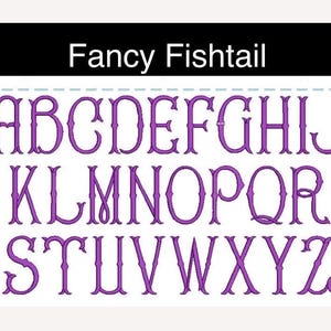 May include: A digital embroidery alphabet set titled Fancy Fishtail featuring purple uppercase letters from A to Z. Each letter displays a decorative, elongated serif style with a distinct fishtail flourish on the terminals, presented on a white background.