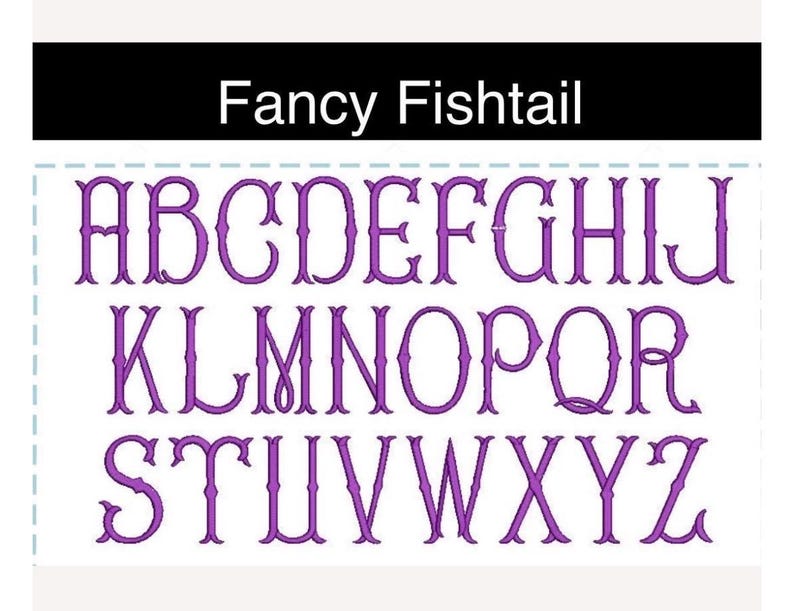 May include: A digital embroidery alphabet set titled Fancy Fishtail featuring purple uppercase letters from A to Z. Each letter displays a decorative, elongated serif style with a distinct fishtail flourish on the terminals, presented on a white background.