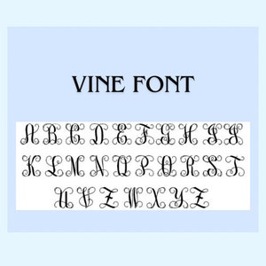May include: A display of the alphabet in a black vine font style, featuring ornate, swirling, and interconnected letterforms arranged in three rows against a white background, with the text VINE FONT centred in black at the top of the image.