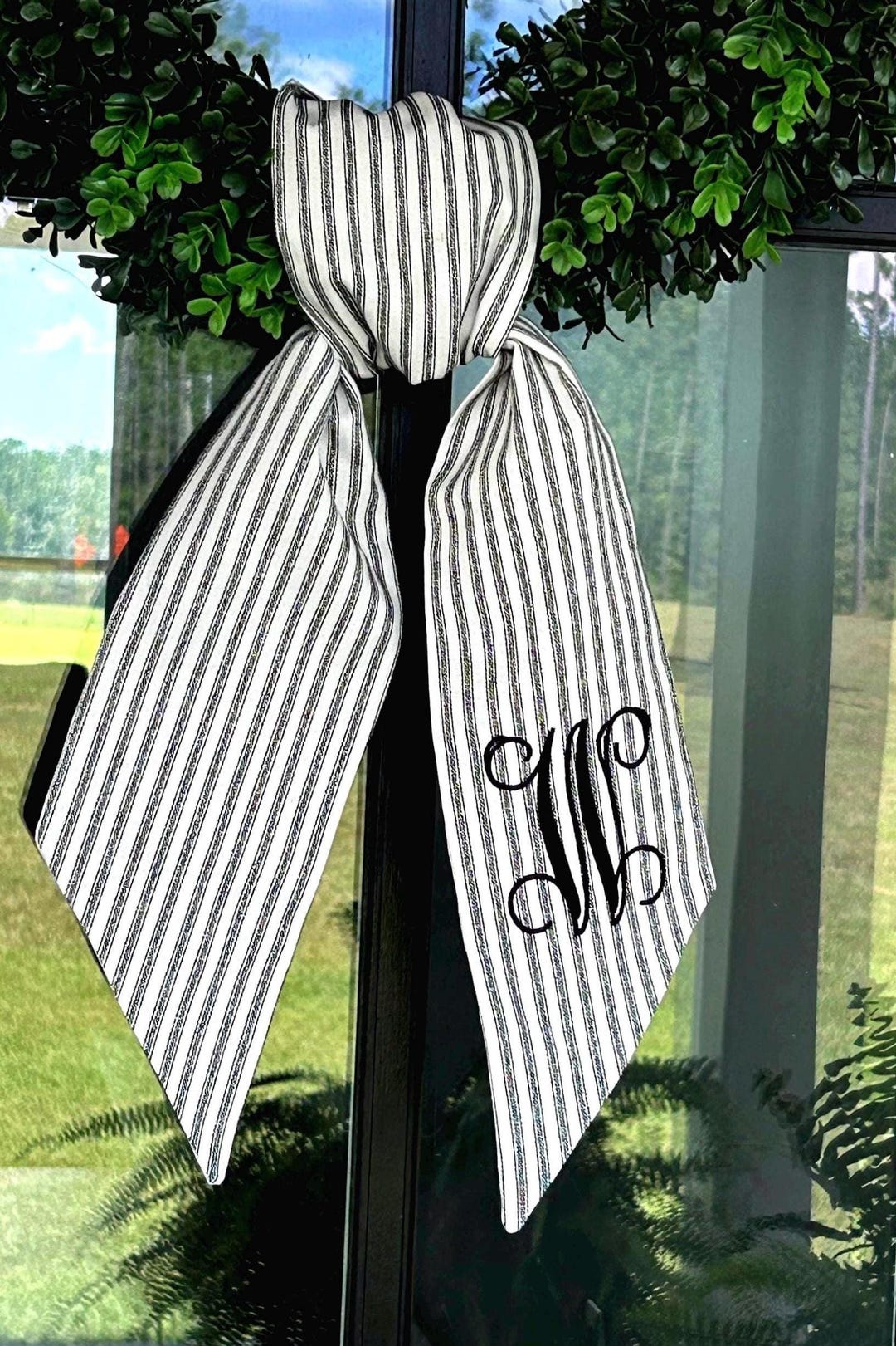 Striped Black and White Wreath Sash Spring Embroidered Everyday Wreath Sash for Front Door Ticking Stripes Christmas Gift - Fancy Fishtail, L