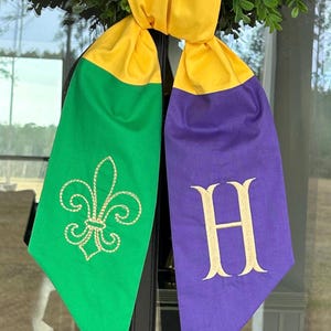 Mardi Gras Wreath Sash Embroidered Initial Embroidered Fleur De Lis Front Door Decor