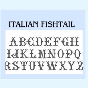 May include: A digital display of the alphabet in the Italian Fishtail font style. The letters A through Z are presented in three rows in a dark grey colour against a white background. The text ITALIAN FISHTAIL is printed in black at the top.