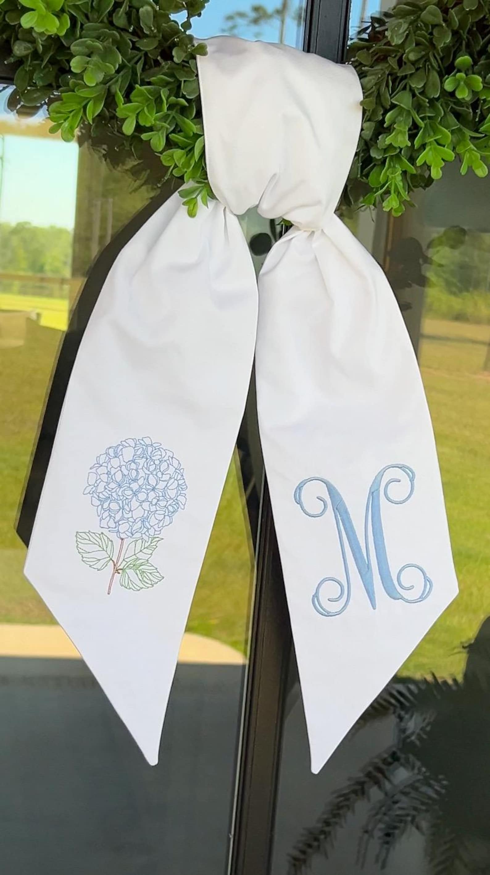 Everyday Embroidered Hydrangea Wreath Sash: Monogrammed Front Door Decor - S, Vine
