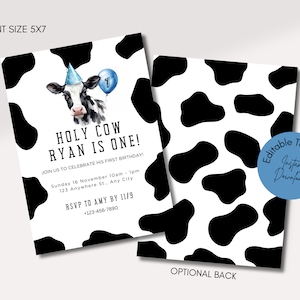Holy Cow I&#39;m One Boys Birthday Invitation, Cow Print Birthday Invitation Template, Cow Invite, EDITABLE Instant Download, Farm Birthday