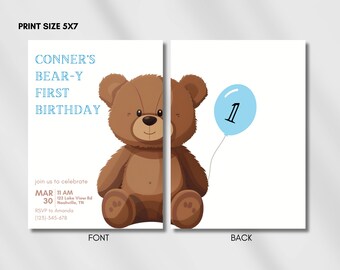 Invitación de cumpleaños moderna del oso de peluche, invitación del oso, invitación del primer cumpleaños de Beary, invitación del oso de peluche azul bebé, cumpleaños especial de Beary