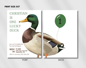 Eine glückliche Enten-Geburtstag einladen, Stockenten-Einladung, glückliche Enten-Einladung, Jagd-Geburtstag, moderne Enten-Einladung, Frühling, erster Geburtstag