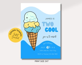 May include: A blue and white birthday invitation with a cartoon ice cream cone. The text reads "James is Two Cool" and includes details for a party on July 6th.