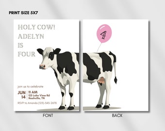 Invito di compleanno per ragazze Holy Cow, QUALSIASI ETÀ, modello di invito di compleanno con stampa di mucca, invito di mucca moderna, download modificabile, compleanno di fattoria