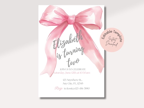 Pink Bow Birthday Invitation Template, Watercolor Bow Pink Girly Invitation, Coquette Ribbon Birthday Invite, Pink Bows Invite, Simple Bow