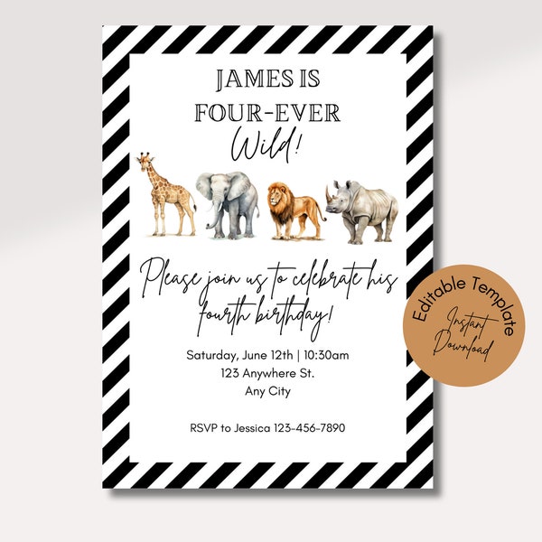 Safari Wild Birthday Invitation, Party Animals, Jungle Animals Birthday, Modern Safari Invitation, Four Ever Wild, Wild One, Editable