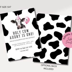Holy Cow I&#39;m One Girls Birthday Invitation, Cow Print Birthday Invitation Template, Cow Invite, EDITABLE Instant Download, Farm Birthday