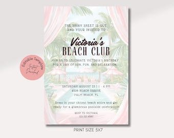 Palm Royale Birthday Invitation, Palm Beach Party Invite, Beach Club Invitation, Pool Party Invite, Palm Springs, Beverly Hills Hotel, Pink