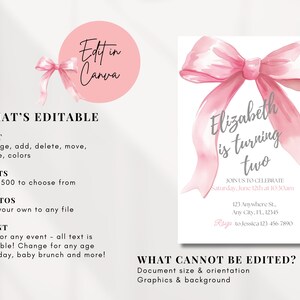 May include: Pink watercolor bow with the text "Elizabeth is turning two" on a white background. The text "Join us to celebrate Saturday, June 12th at 10:30am" is below the bow. The text "123 Anywhere St., Any City, FL, 12345" is below the date. The text "RSVP to Jessica 123 456 7890" is below the address. The text "Edit in Canva" is in a pink circle at the top of the image. The text "What's Editable" is in black text on a white background. The text "Text, Fonts, Photos, Event" is in black text on a white background. The text "What Cannot Be Edited?" is in black text on a white background. The text "Document size & orientation, Graphics & background" is in black text on a white background.