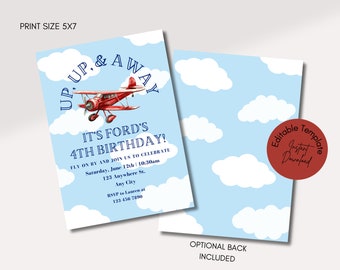Airplane Birthday Invitation, Editable Retro Biplane Birthday Invites, Plane Aviation, Vintage Airplane, Boy Birthday, Red Airplane Invite