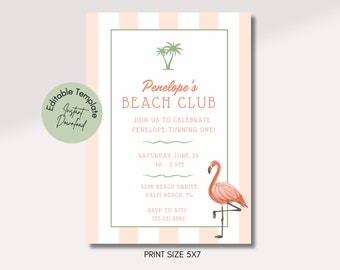 BEACH CLUB Birthday Invitation, Beach Cabana Party Invite, Girls Pool Party Invite, Girls Summer Beach Party Invitation, Pink Flamingo Party