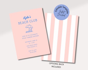 Könnte beinhalten: Rosa und blaue Einladung mit Strandclub-Thema. Die Einladung lautet "Kylie's Beach Club" und enthält eine blaue Illustration eines Sonnenschirms und eines Liegestuhls am Strand. Der Text lautet "Feiert mit uns Kylies sechzehnten Geburtstag! Samstag, 23. Juni, 10 - 14 Uhr, 4536 Beach Drive, Palm Beach, FL, RSVP an Amy 123.321.4561". Die Rückseite der Einladung ist ein rosa-weiß gestreiftes Muster.