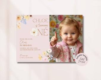 May include: A pink and white floral birthday invitation with a photo of a baby girl. The invitation says "Chloe is turning one" and includes the date, time, and location of the party. The text "Please RSVP to Amy at 123-456-7890" is also included.