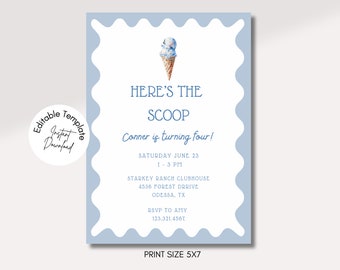 HERE'S THE SCOOP Invitation, Boys Ice Cream Party Invite, Blue Ice Cream Birthday, Summer Birthday Invitation, Ice Cream Cone Invitation