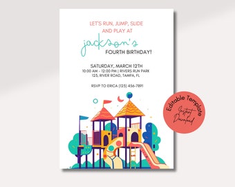 Playground Birthday Invitation, Kids Jump Climb Slide and Play Birthday Party Invite, Park Party, Play Invitation, Park Birthday, Editable