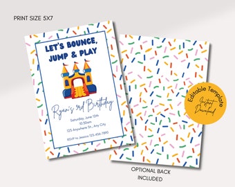 May include: Editable birthday party invitation template with a colorful bouncy house illustration and confetti background. The text reads "Let's Bounce, Jump & Play Ryan's 3rd Birthday".
