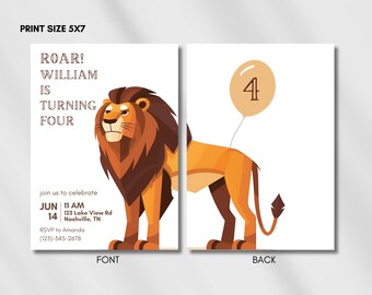 Lion Birthday Invitation, MODERN Lion Invite, Wild One Birthday, Safari Birthday, Party Animal Birthday, ANY AGE, Roar Lion Theme, King