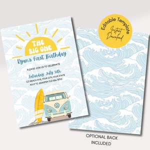 The BIG ONE Surfing First Birthday Party Invitation, Hippie Van Beach Party, Boho Van Sun Waves Surfboard Beach Invite, Retro Surf Invite
