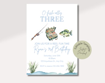 Fishing Birthday Invitation, EDITABLE Outdoor Lake Party Invite Template, Reel In The Fun, O-fish-ally Boy Birthday, Instant Download, Fish
