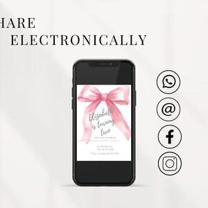 May include: A pink watercolor bow with a white background and the text "Elizabeth is turning two" on a smartphone screen. Social media icons for WhatsApp, email, Facebook, and Instagram are shown on the right side of the image.