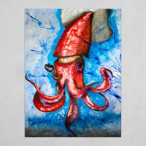 Giant Squid Art Print - Sea Creature Painting - Watercolor