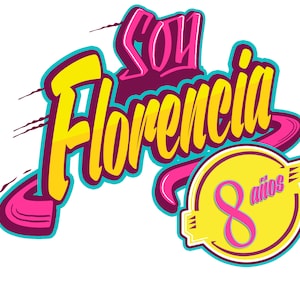 Può includere: Un design grafico colorato con il testo "Soy Florencia 8 años" in uno schema di colori giallo, rosa e blu. Il design presenta un numero 8 stilizzato in un cerchio rosa con sfondo giallo.
