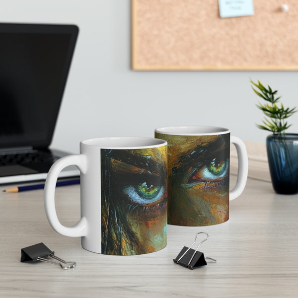 Hypnotic Eyes Art Mug, Seductive Look Coffee Mug, Sensual Woman Artwork, Piercing Look, Expressive Painting