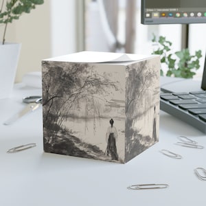 Zen-inspired note cube with traditional Chinese ink painting; Eternal silence on the shore