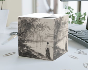 Cube de notes d'inspiration zen avec peinture traditionnelle à l'encre de Chine ; Silence éternel sur le rivage